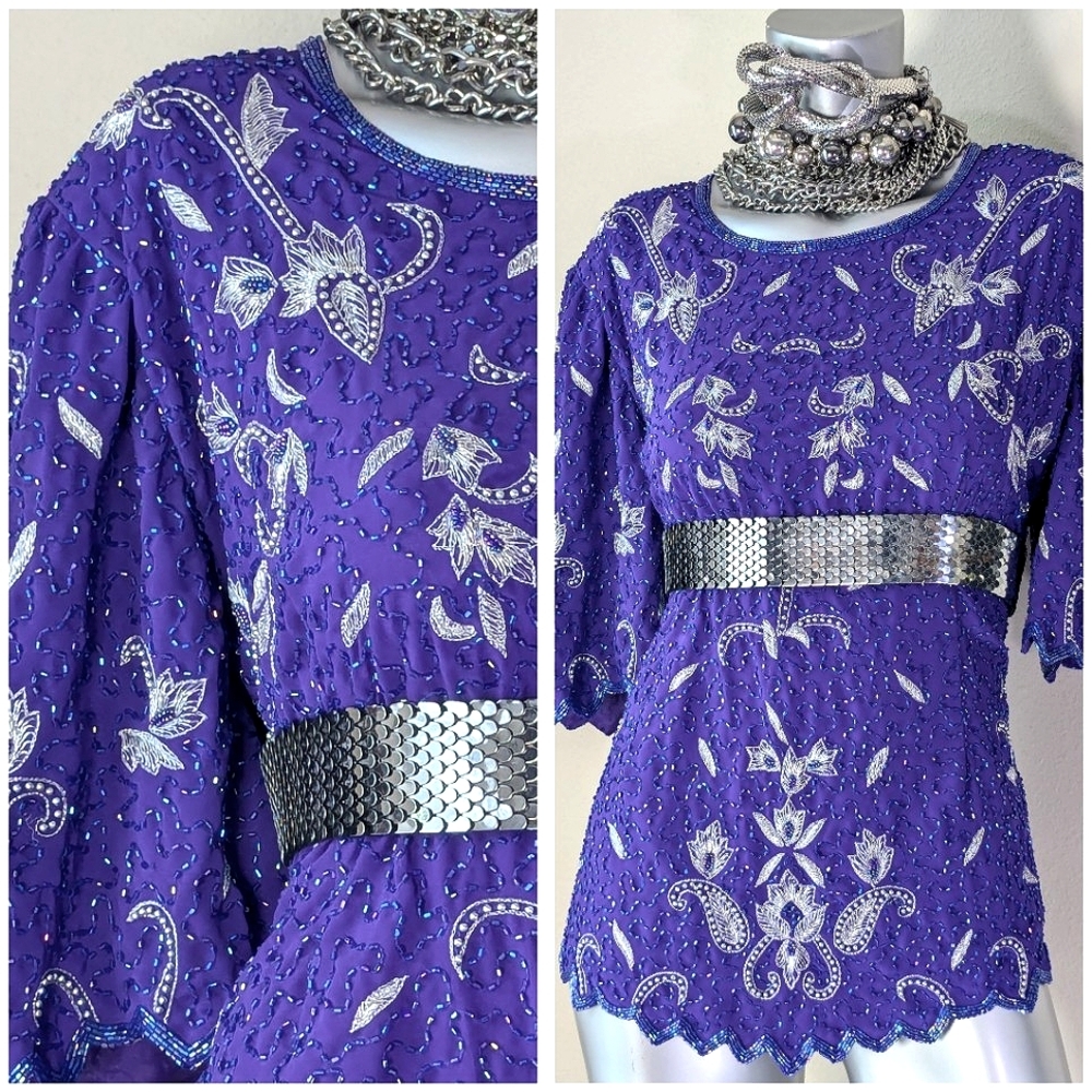 Beaded ViNTage Chiffon Glamours Cocktail Evening Wedding Shimmer Bling Top